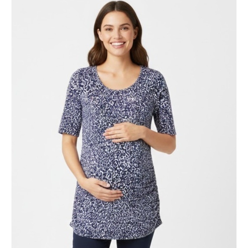 A Glow Maternity Top Blue White Animal Print Ruched Side Short Sleeve XL Mat